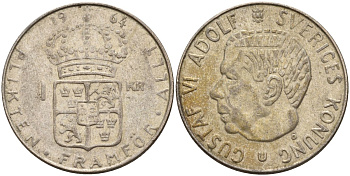 Швеция 1 крона 1964 U, Густав VI Адольф (1950-1973) KM 826 серебро 4150-143