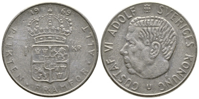 Швеция 1 крона 1969 Густав VI Адольф (1950-1973) KM 826a медь плакированная медно-никелем 91-222