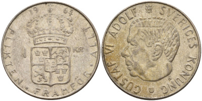 Швеция 1 крона 1964 U, Густав VI Адольф (1950-1973) KM 826 серебро 4150-143