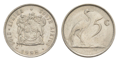 ЮАР 5 центов 1988 герб, райский журавль KM 84 никель 4621-313