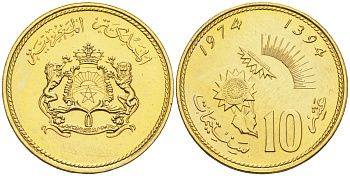 Марокко 10 сантимов 1974 AH1394, FAO Y 60 медь алюминий никель UNC 4154-467