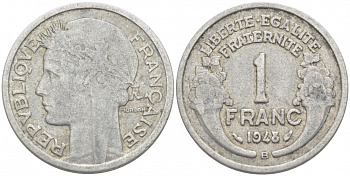 ФРАНЦИЯ 1 ФРАНК 1948 B, ТИП MORLON KM 885а.2, LE FRANC 221.14 алюминий 4402-922
