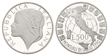 Италия 500 лир 1989 Чемпионат мира по футболу 1990 KM 134 серебро PROOF 1083-3-65