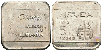 Аруба 5 флоринов 1995 Беатрикс (1980-2013) KM 12 сталь плакированная никелем 4619-346