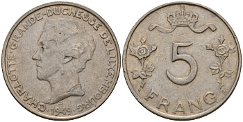 Люксембург 5 франков 1949 Великая герцогиня Шарлотта (1919-1964) KM 50 медно-никель 4603-1132