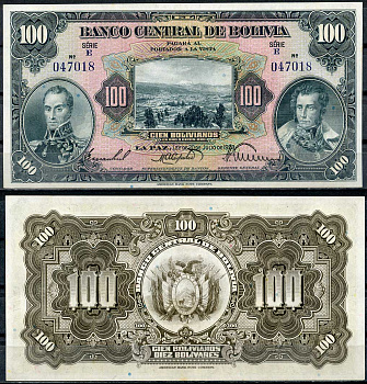 Боливия 100 боливиано 1928 серия E, Симон Боливар и Антонио Хосе Сукре Pick 125 a (5)  бумага  UNC (пресс) 451-107-1