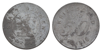 Бармен 50 пфеннигов 1917 Funck 30.2, Men05 1453.2, Men18 1851.2 цинк 4657-1126