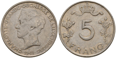 Люксембург 5 франков 1949 Великая герцогиня Шарлотта (1919-1964) KM 50 медно-никель 4603-1132