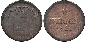 САКСОНИЯ 2 ПФЕННИГА 1841 G KM 1157 медь 75-854