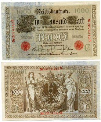 ГЕРМАНИЯ 1000 МАРОК 1910 21 АПРЕЛЯ 1910, КРАСНАЯ ПЕЧАТЬ, 7 ЦИФР В НОМЕРЕ Pick 44b бумага 6262-41-1-1