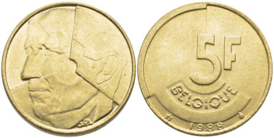 БЕЛЬГИЯ 5 ФРАНКОВ 1988 BELGIQUE, БОДУЭН I (1951-1993) KM 163 латунь или алюминиевая бронза 119-845