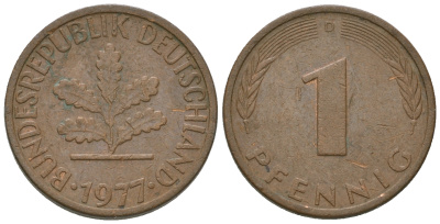 ФРГ 1 пфенниг 1977 D KM105, J.380 сталь плакированная медью 4651-1112