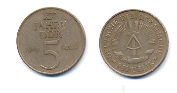 ГДР 5 марок 1969 А, 20 лет ГДР KM 22.1, J. 1524 никель бронза 54-2511