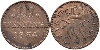 Мекленбург-Стрелиц 3 пфеннига 1864 А, Фридрих Франц II (1842-1883) AKS 74, J. 118, KM 95 (С45) медь 116-812