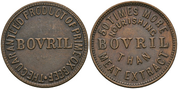 Англия жетон, токен ND В 50 РАЗ БОЛЬШЕ МЯСНОГО КОНЦЕНТРАТА, NAURISHING-THAN, BOVRIL, ДИАМЕТР 22 ММ. бронза 99-518
