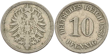ГЕРМАНИЯ 10 ПФЕННИГОВ 1889 A, СТАРОГЕРБОВКА KM 4, J. 4 медно-никель 4401-334
