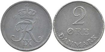 ДАНИЯ 2 ЭРЕ 1961 C;S, ФРЕДЕРИК IX (1947-1972) KM 840,2 цинк 202-655