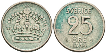 Швеция 25 эре 1954 Густав VI Адольф (1950-1973) KM 824 серебро 4564-752