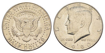 США 1/2 доллара (50 центов) 1990 P, Джон Кеннеди KM A202b медь плакированная медно-никелем aUNC 4517-616