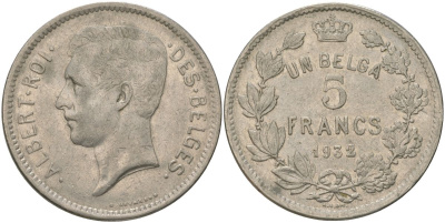 Бельгия 5 франков 1932 Belges, Альберт I (1909-1934) KM 97 никель 4157-1132