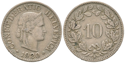 Швейцария 10 раппенов 1920 B KM 27 медно-никель 4169-1116