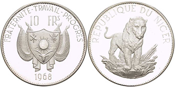 Нигер 10 франков 1968 лев, без черты над Е, в слове Republique KM 8.2 серебро PROOF 1080-3-64
