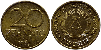 ГДР 20 пфеннигов 1969 А, первый год KM 11 латунь UNC 4398-1033