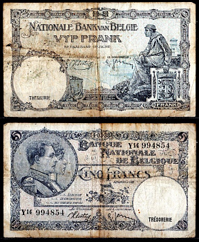 Бельгия 5 франков 1938 Pick 108 a бумага 7457-29-3-2