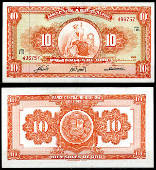 Перу 10 солей 1963 сидящая свобода, Thomas de la Rue Pick 84 a  бумага  аUNC  444-141-1-2