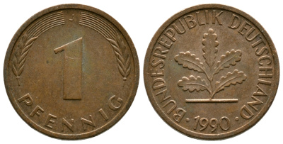 ФРГ 1 ПФЕННИГ 1990 J KM 105, J.380 сталь плакированная медью 179-1015