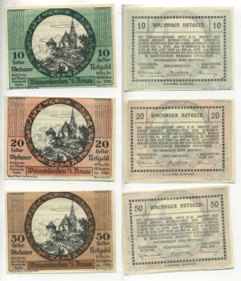 АВСТРИЯ, ВАЧАУ НАБОР ИЗ 3 БАНКНОТ 1920 30 СЕНТЯБРЯ 1920, НОТГЕЛЬД, 10, 20, 50 ГЕЛЛЕРОВ, ВТОРОЙ ВЫПУСК, SPITZ am der HASTET бумага aUNC 70-4-2