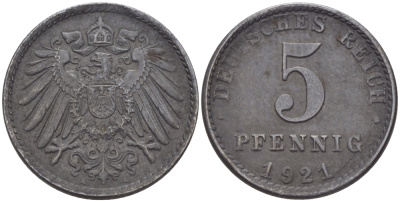 Германия 5 пфеннигов 1921 A KM 19, J. 297, Weege 5 железо 100-324
