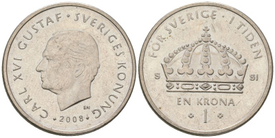 Швеция 1 крона 2008 SI, Карл XVI Густав (1973-) KM 894 медно-никель 4616-953