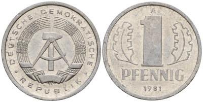 ГДР 1 пфенниг 1981 A KM 8.2 алюминий 188-328