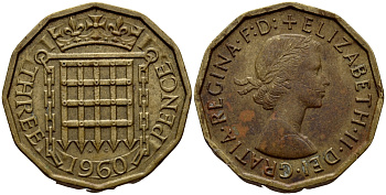Великобритания 3 пенса 1960 Елизавета II (1952-2022) KM 900, Spink 4153 никель латунь 4393-722
