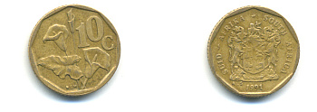 ЮАР 10 центов 1991 цветок KM 135 сталь плакированная латунью 177-525