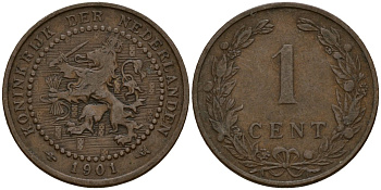 Нидерланды 1 цент 1901 Вильгельмина I (1890-1948) KM 130 бронза 4154-864