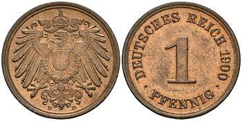 Германия 1 пфенниг 1900 D, Вильгельм II (1888-1918) KM 10, J. 10 медь 4608-568