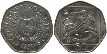 Кипр 50 центов 1998 похищение Европы KM 66 медно-никель 4402-1043