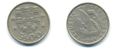 ПОРТУГАЛИЯ 5 ЭСКУДО 1984 ПАРУСНИК KM 591 медно-никель 3999-835