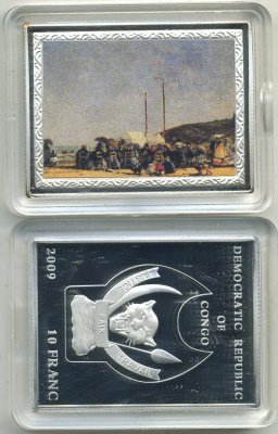 Конго 10 франков 2009 серия шедевры мировой живописи, ЭЖЕН БУДЕН, ГАВАНЬ И ВЕРФЬ В ТРУВИЛЕ, серебрение, размер 35Х46 мм., цветная эмаль медно-никель PROOF M43-5