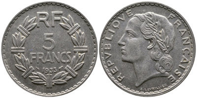 ФРАНЦИЯ 5 ФРАНКОВ 1933 KM 888 никель 93-543