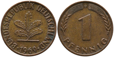 ФРГ 1 ПФЕННИГ 1969 D KM 105, J.380 сталь плакированная медью 96-1062
