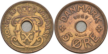 Дания 5 эре 1927 Кристиан X (1912-1947) KM 828 бронза 4148-214