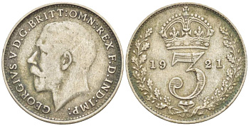 Великобритания 3 пенса 1921 Георг V (1910-1936) KM 813а, Spink 4026 серебро 4528-255