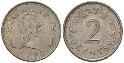 Мальта 2 цента 1977 Пентесилея, царица амазонок KM 9 медно-никель aUNC 4528-839