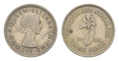 Родезия и Ньясаленд 3 пенса 1964 Елизавета II (1952-2022), цветок глориоза KM 3 медно-никель 4596-1061