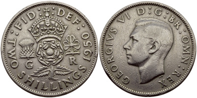 Великобритания 2 шиллинга (флорин) 1950 Георг VI (1936-1952) KM 878, Spink 4107 медно-никель 83-1723