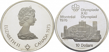 Канада 10 долларов 1973 XXI летние Олимпийские игры в Монреале 1976 года, вид на город KM 87 серебро PROOF 01-181-43