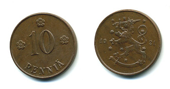 Финляндия 10 пенни 1921 республика (1918-1962) KM 24 медь 46-119